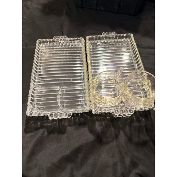 federal glass Other - Vintage Federal Glass Manhattan Snack Set 4 Trays 2 Cups Clear Ribbed Art Deco
